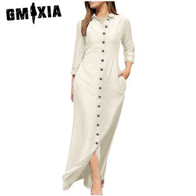 Женская мода лето весна однотонный принт с длинным рукавом поло-шея повседневные платья