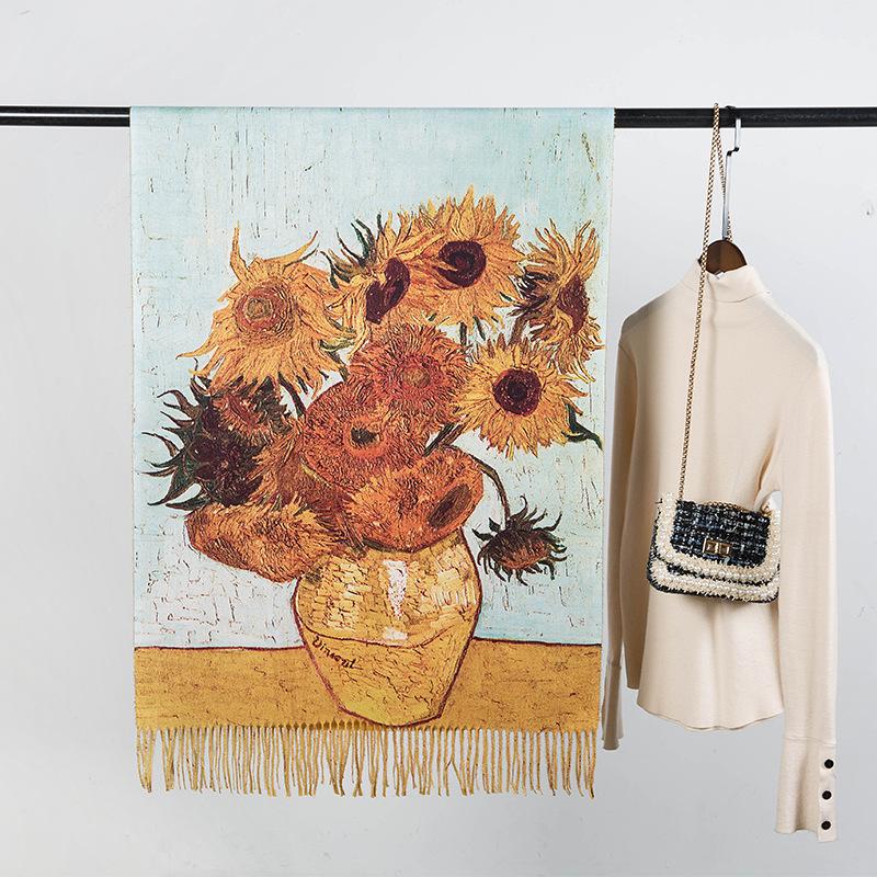 1119 Winter new oil painting vase with cashmere shoulder scarf female flower fringed warm extended shawl