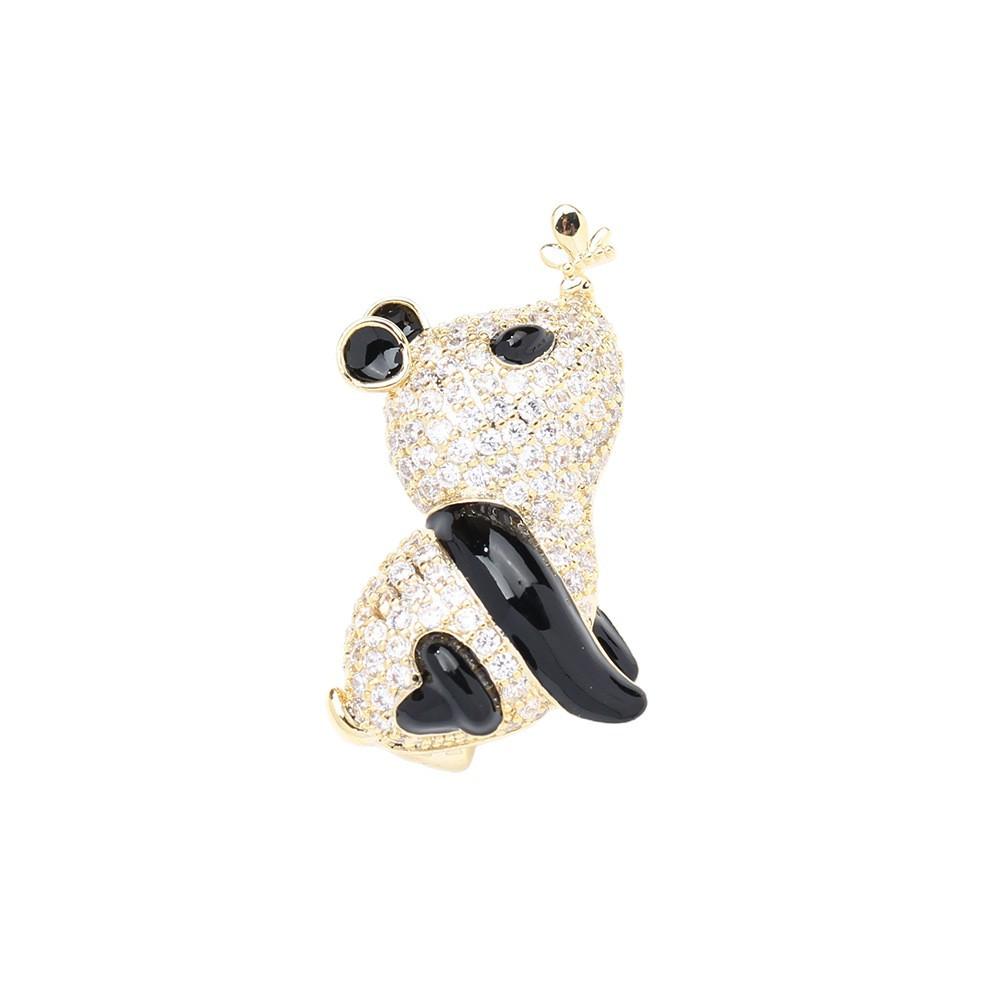 Cute micro-inlaid zircon dripping panda brooch, simple temperament gold-plated animal pin, men's and women's accessories, small collar pin.