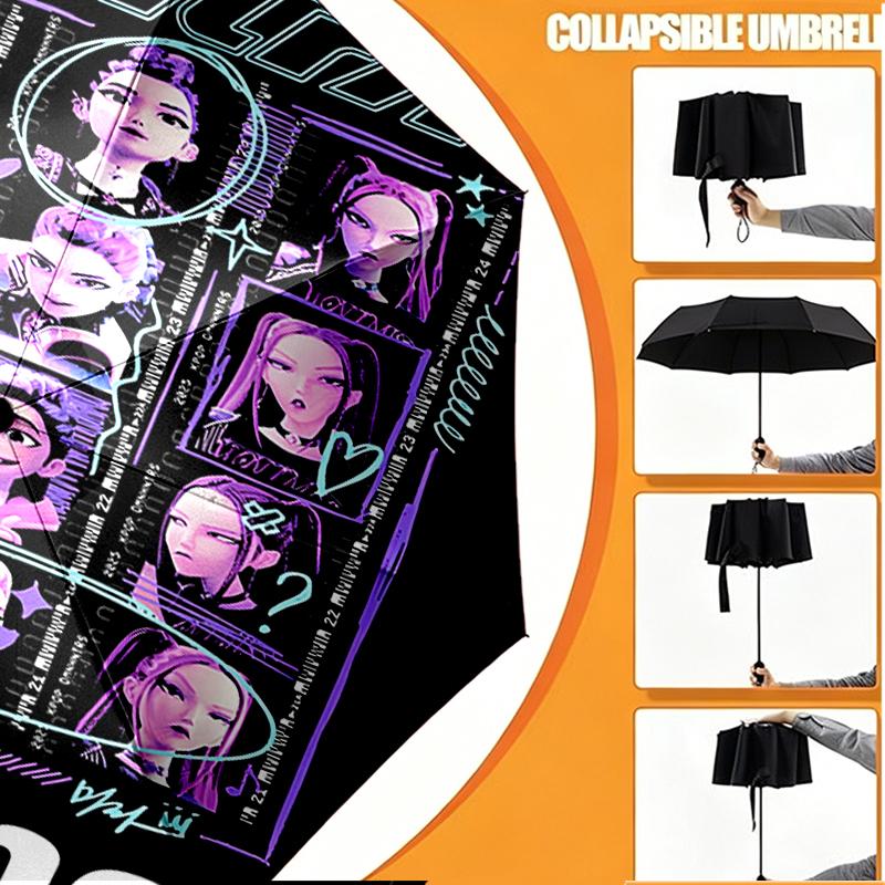 Custom Name Personalized KPop Demon Hunters Print Umbrella, Auto Open Close, 8‑Rib Sturdy Frame, Commute Camping Hiking Use, Birthday Gift