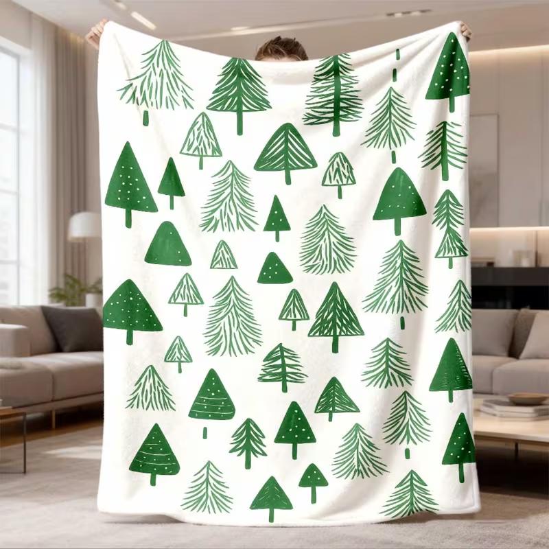 Hand Drawn Green Tree Pattern Blanket Soft Warm Blanket Holiday Season Cute Winter Decor Blanket for Sofa Bed Couch Camping