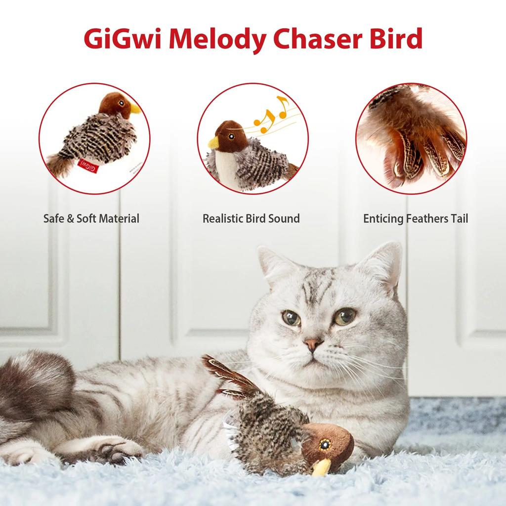 Игрушка-пищалка GiGwi Sound Bird для кошек, игрушки с перьями, интерактивная игрушка для кошек со звуками, звуковые игрушки, коричневая птичка, ёжик, мышка