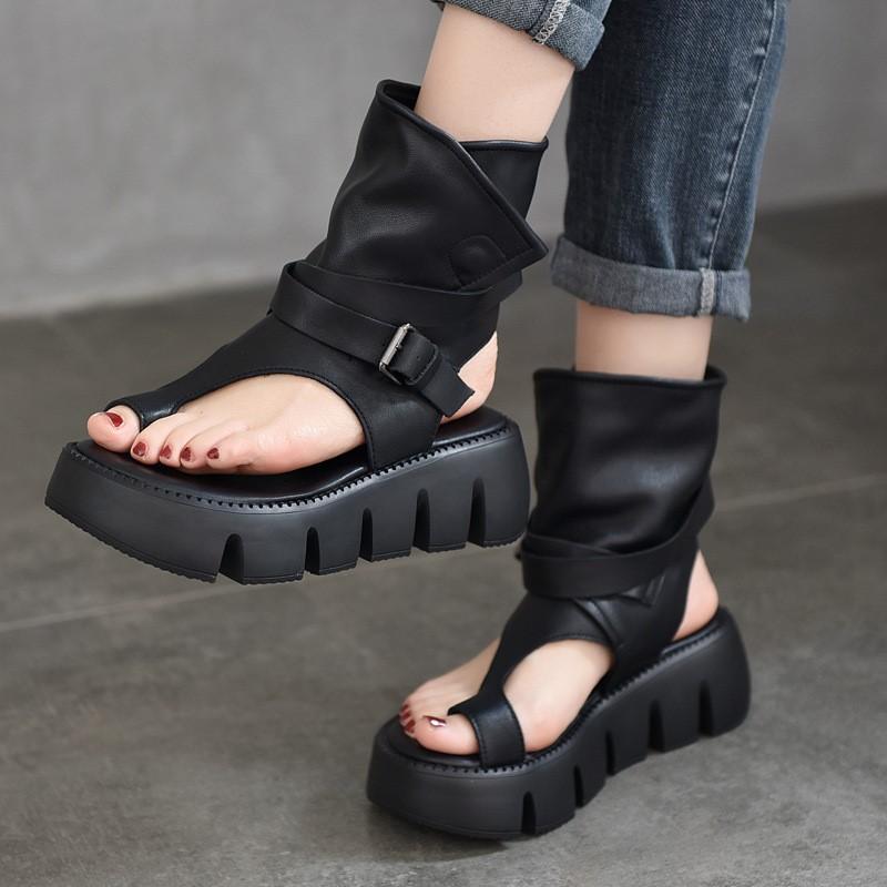 Johnature Peep Toed Thick Soled Women's Sandals Genuine Leather Belt Buckle Roman Platform Shoes
