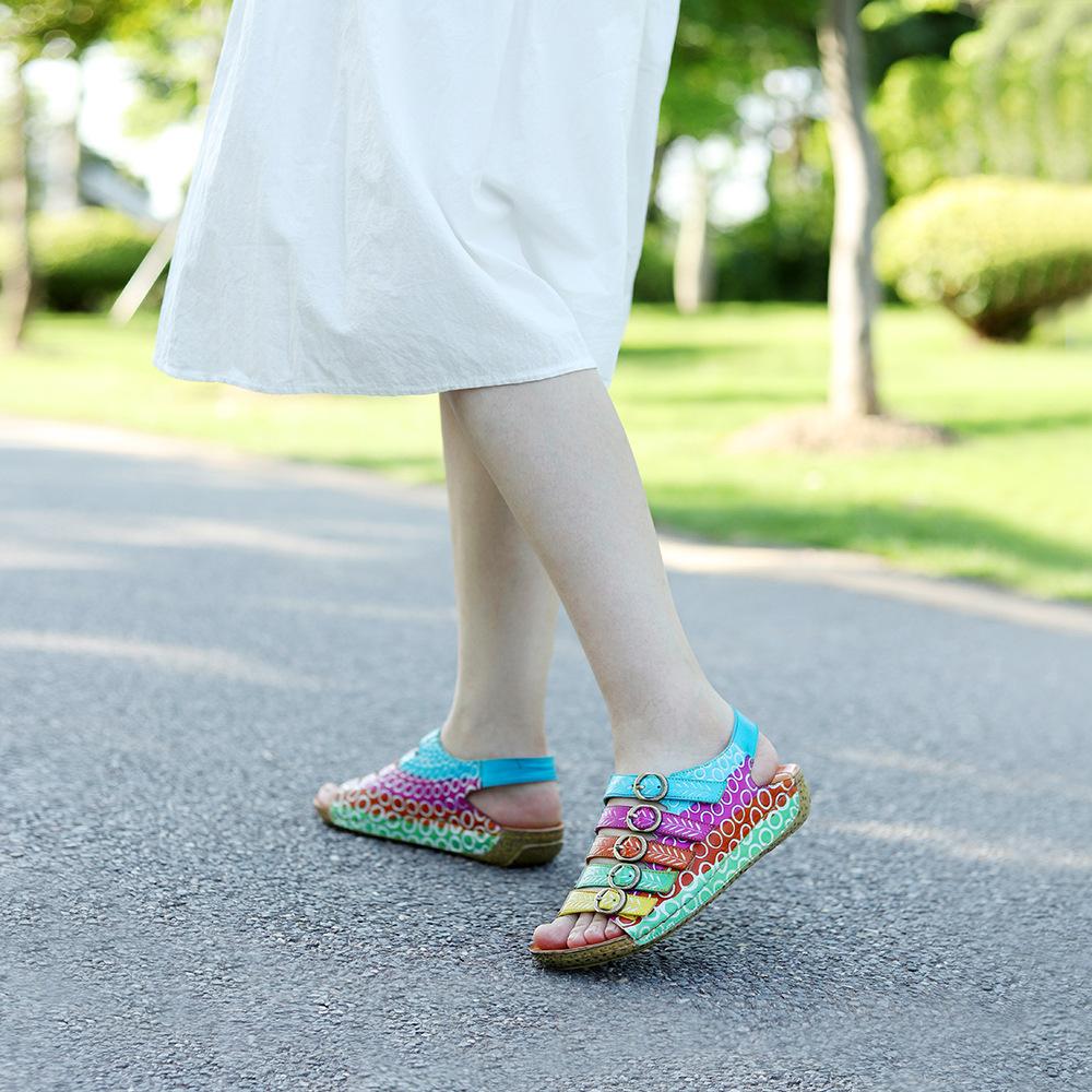 Johnature Женская обувь в стиле ретро из натуральной кожи, летние цветные сандалии на плоской подошве, удобные дышащие пляжные сандалии с ручной росписью