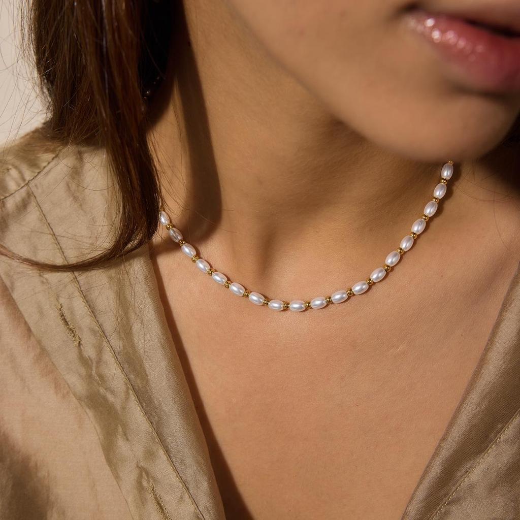 Wanxing layered necklace with baroque glass pearls, 18K gold-plated stainless steel, for women