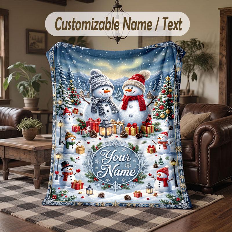 Winter Snow Theme Throw Blanket Custom Name Text Personalized Blanket Soft Cozy Blanket for Home Sofa Bed