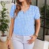 Женская летняя блузка с V-образным вырезом, повседневная, с принтом в клетку, с коротким рукавом