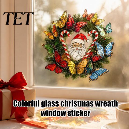 Waterproof PVC Static Clings Christmas Wreath Window Sticker, Stained Glass Style, Removable Santa Butterfly Candy Cane Decal, Cling for Home