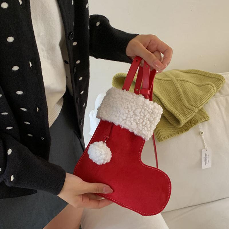 Portable Simple Style Suede Crossbody Bag Fluffy Lightweight Lamb Shoulder Bag Travel Christmas Sock Bag Women CLE