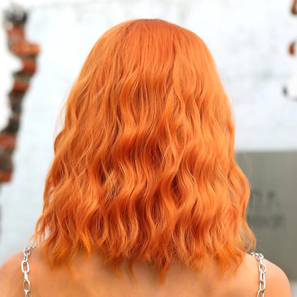 ALAN EATON Short Wavy Synthetic Wig Ginger Orange Bob Wigs With Bangs for Women Halloween Cosplay Party Natural Hair Wig Heat Resistant