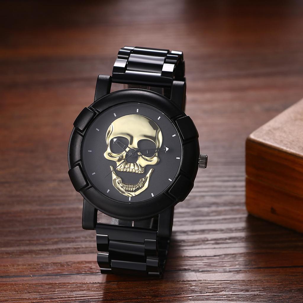 Skeleton Watch Bracelet Set of Rock Punk Leather Strap Stainless Steel Watch Waterproof Analog Quartz Skull Gothic Accessory Birthday Christmas Day