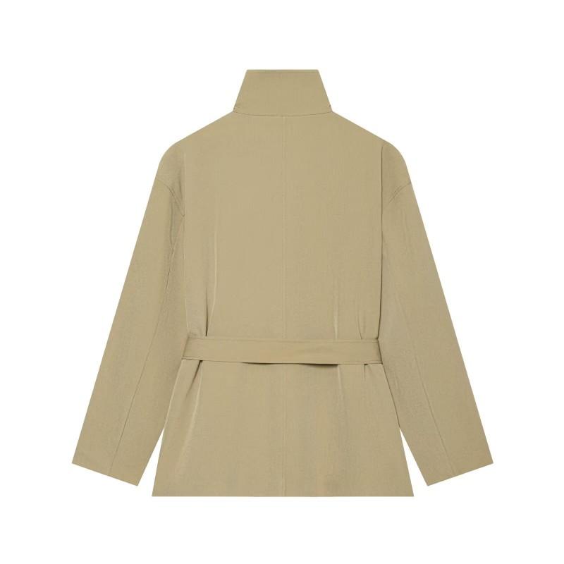 Womens Mid-Length Trench Coat With Stand Collar Shoulder Straps Lace-Up Waist Belt Solid Color Casual Street Style