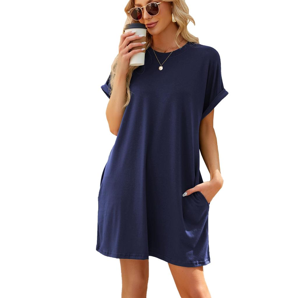 2024 Spring/Summer Solid Color Round Neck Pocket Loose Short-Sleeved Dress
