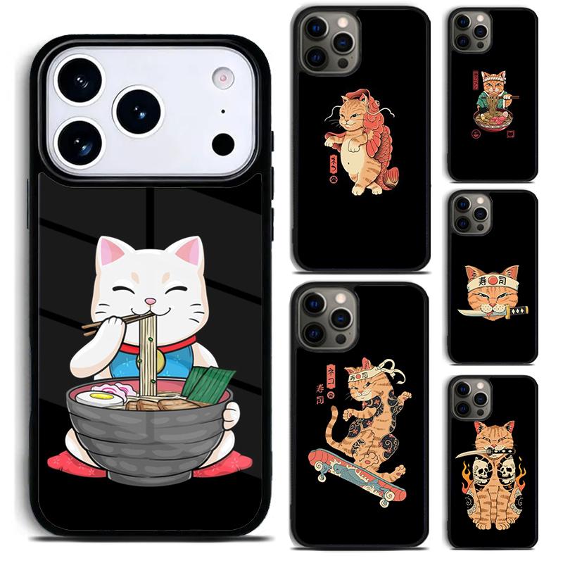 Ukiyo-e Samurai Cat Neko Ramen Phone Case For iPhone 17,16e,15,14,13,12,11,Mini,Pro,MAX soft Silicone Cover