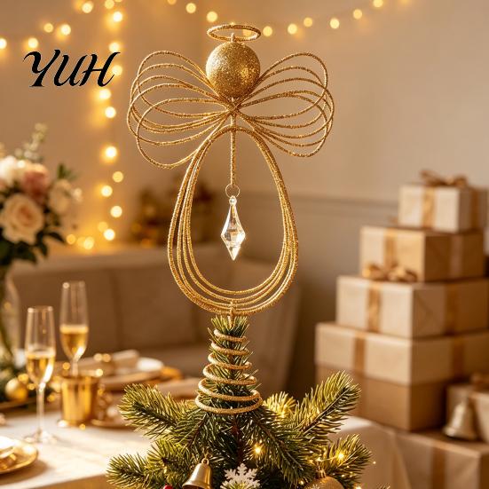 Metal Wire Angel Figurine Christmas Tree Topper, Gold Glitter Crown Elegant Room Display Ornament for Holiday Home Decor And Seasonal Indoor
