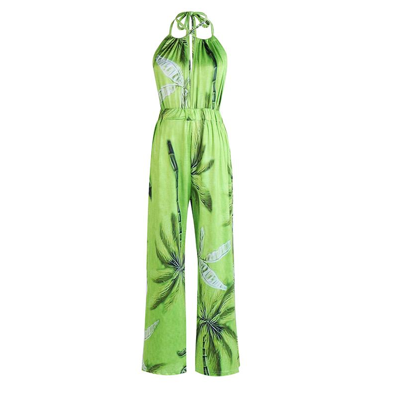 Женские летние сексуальные брюки с открытой спиной и принтом кокосовой пальмы, девятые брюки, эластичный комбинезон с лямкой на шее