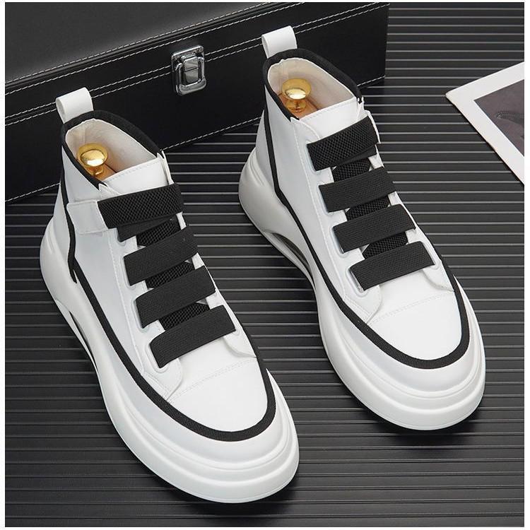 Men's shoes spring and summer new high-top board shoes trendy versatile Velcro platform men's shoes white shoes leather waterproof shoes