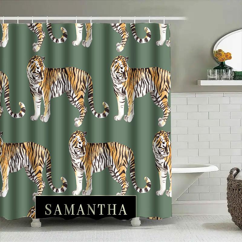Стильная шторка для душа с тигровым принтом для декора ванной комнаты, персонализированная с пользовательским именем, с зеленым фоновым узором, украшение для дома.