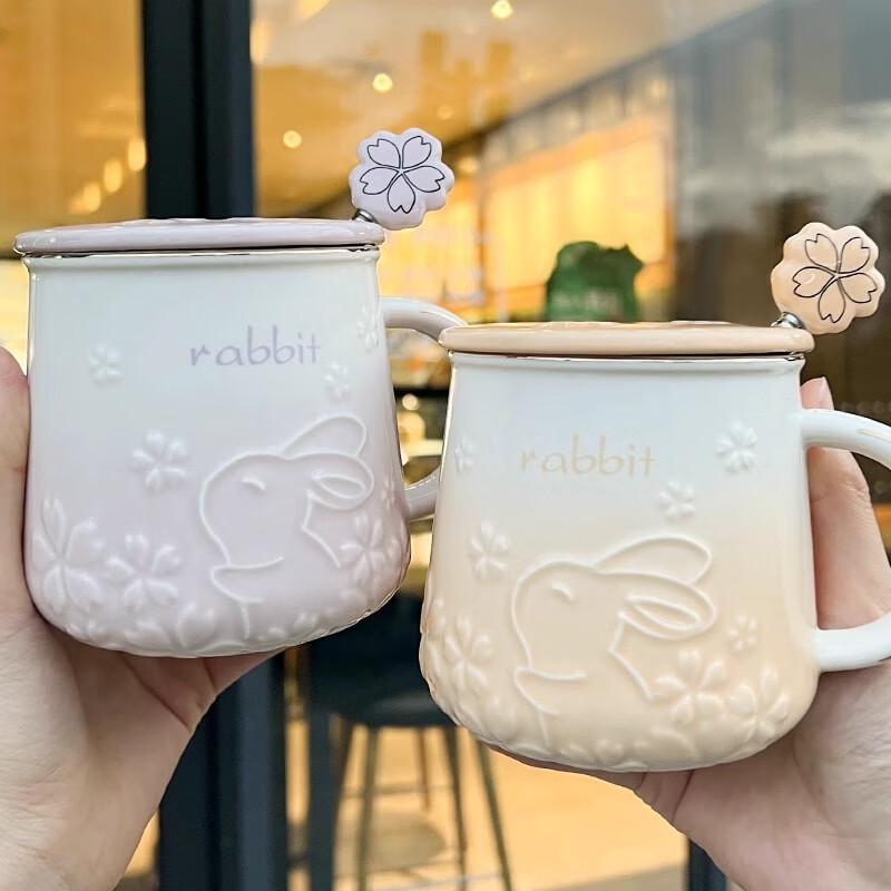 PINYU Ceramic Mug Coffee Cup High-Quality Mug with Lid And Spoon Creative Water Cup Tea Cup Home Use Light Pink
