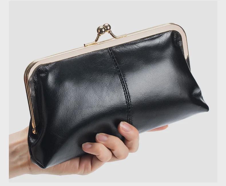 Women's Retro Long Genuine Leather Wallet Handbag - Large Capacity, Waxed Gold Clip Style