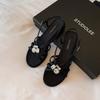 Sheepskin Version~ Gemstone Rhinestone Buckle Satin Strap Flat Sandals Women's Summer Leather Roman Cool Slippers Pig Cage Shoes
