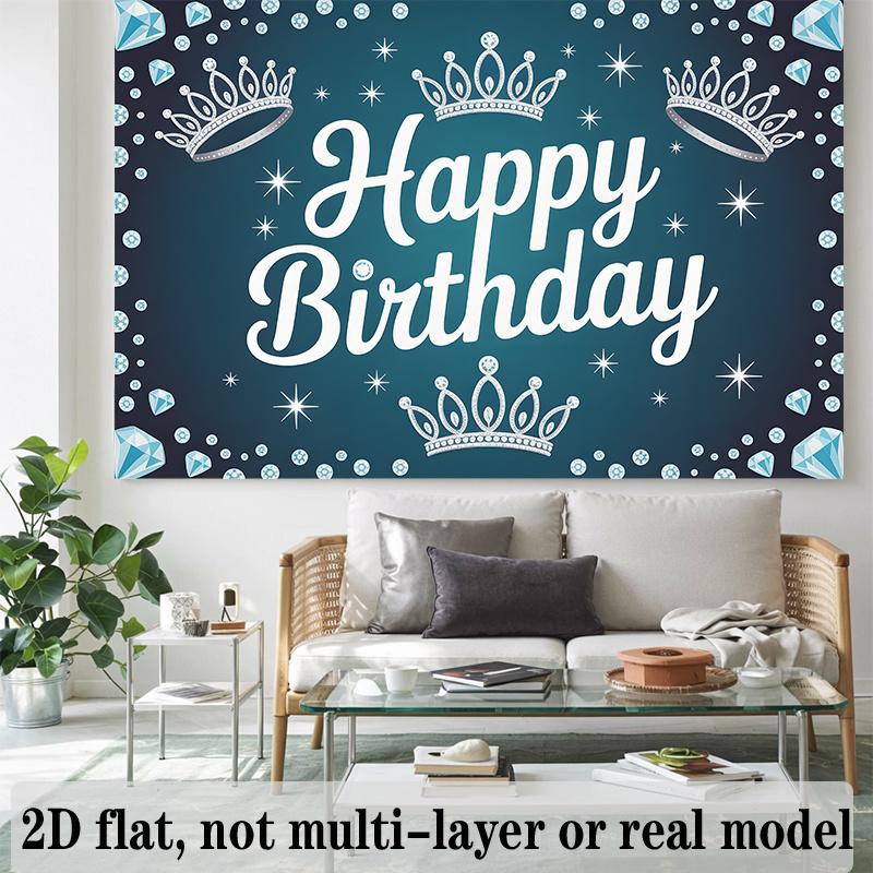 Happy Birthday Balloons and Cake Backdrop Banner, Blue Polyester for Party Decor & Photo Booth