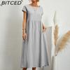 Летнее повседневное свободное платье для женщин с коротким рукавом, О-образным вырезом, А-силуэтом, женское платье с карманом, офисные женские платья из хлопка и льна