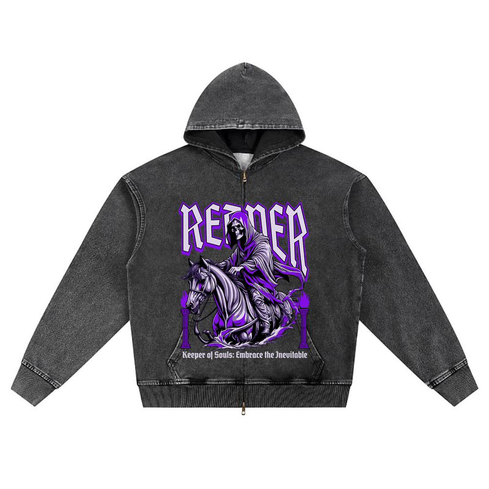 DTG print Knitted Denim Zip-Up Hoodie Reaper Brother Print Zipper Hoodies