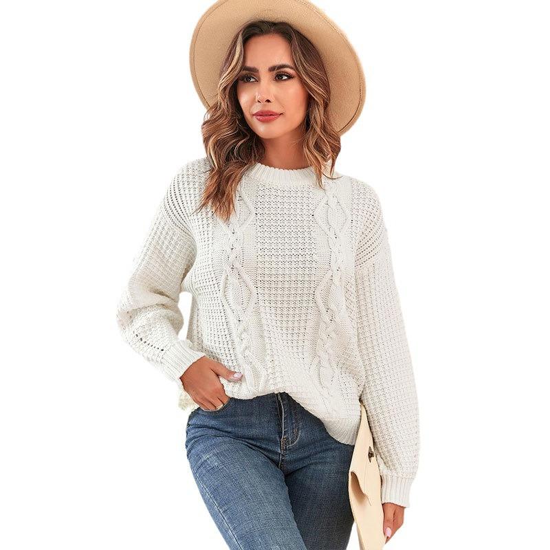 Women's Autumn and Winter Solid Color Crew-neck Long Sleeve Twist Casual Knit Sweater