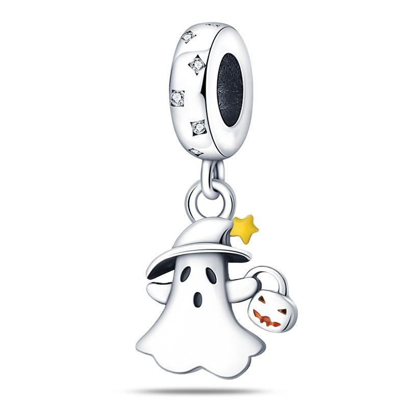 Funny Personality Halloween Moon Wizard Pumpkin Magic Hat Broom Charm, Copper Silver Plated