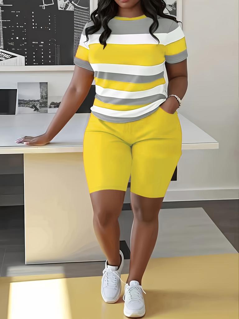 Trendy Plus Size 3d Print Women's Two Piece Set Striped Short Sleeve Top and High Waist Shorts Casual Outfit