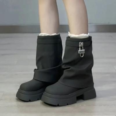 Модная женская обувь весна-осень 2024 года, новые однотонные туфли до середины голени с круглым носком, женские модные ботинки на высоком каблуке и рукавами