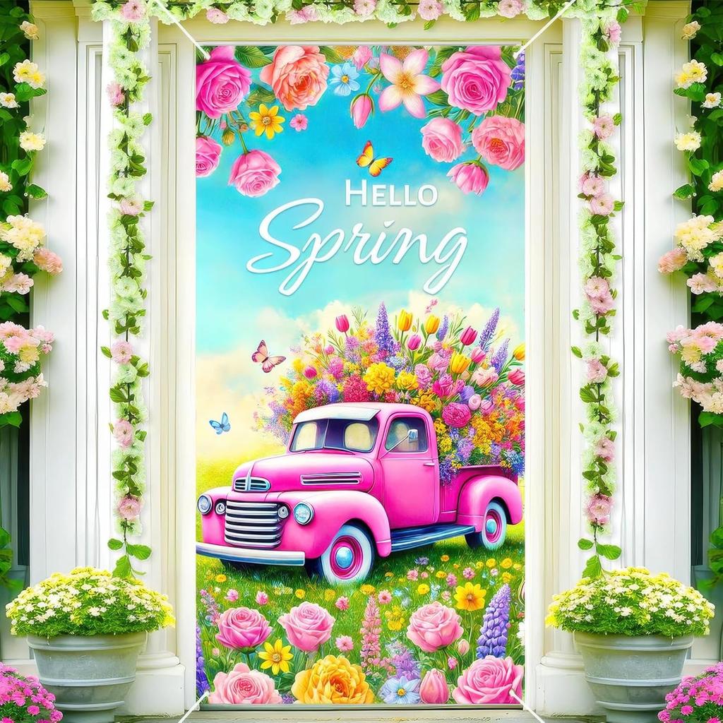 Spring Sunflower Door Cover Welcome Spring Decorations Theme Party Photo Background Bee Flower Bow Backdrop Photography 35 x 70 in Spring Party