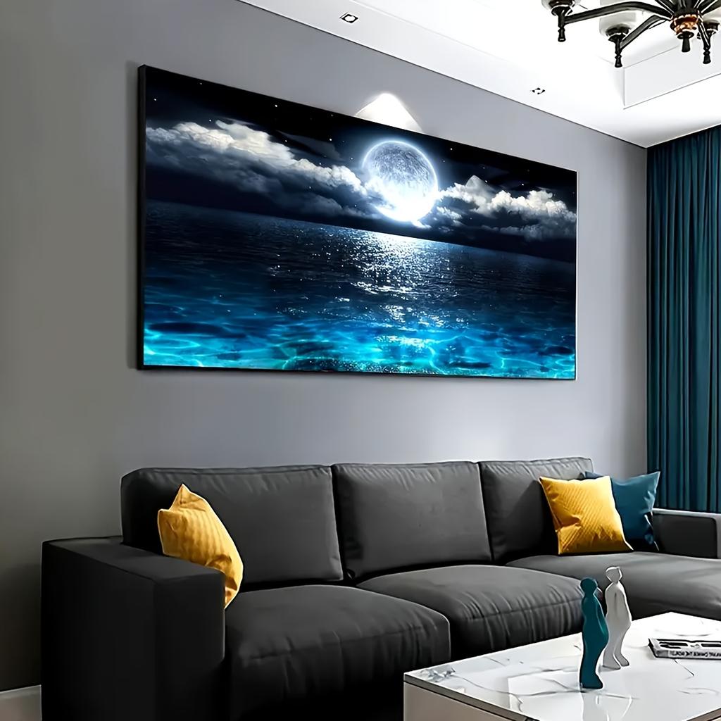 A Frameless Moonlight Ocean Canvas Wall Art, Large Abstract Moonlight Reflection Printing, Modern Home Decoration, Suitable for