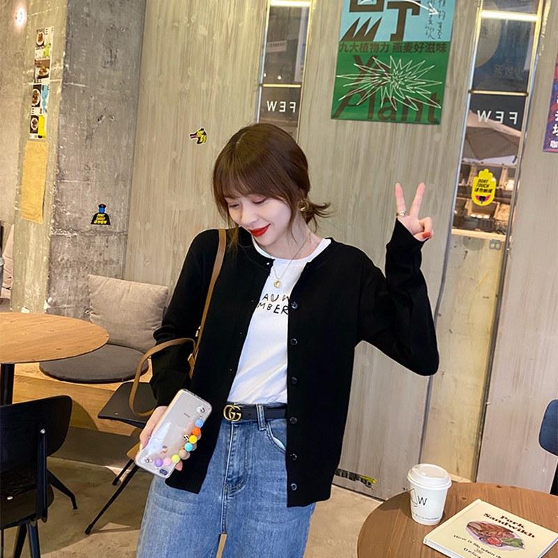 Кардиган вязаный свитер женский весенне-осенний наружный ленивый круглый вырез однотонный однобортный короткий топ