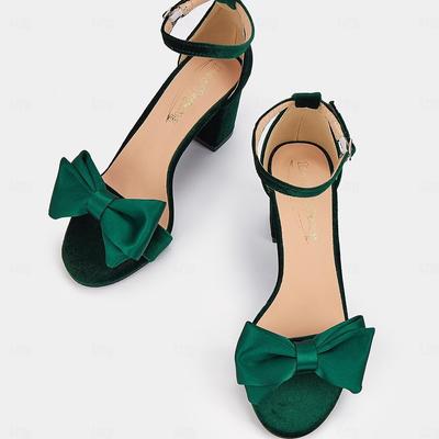 Женские зеленые бархатные туфли на толстом каблуке, босоножки с открытым носком, атласный бант, ремешок на щиколотке, удобная свадебная обувь для подружек невесты