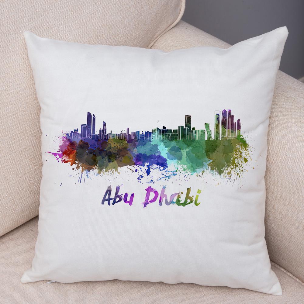 Watercolor City Skyline Cushion Cover Global Landmarks Art Print Soft Linen Living Room Bedroom Home Decor Pillow Case