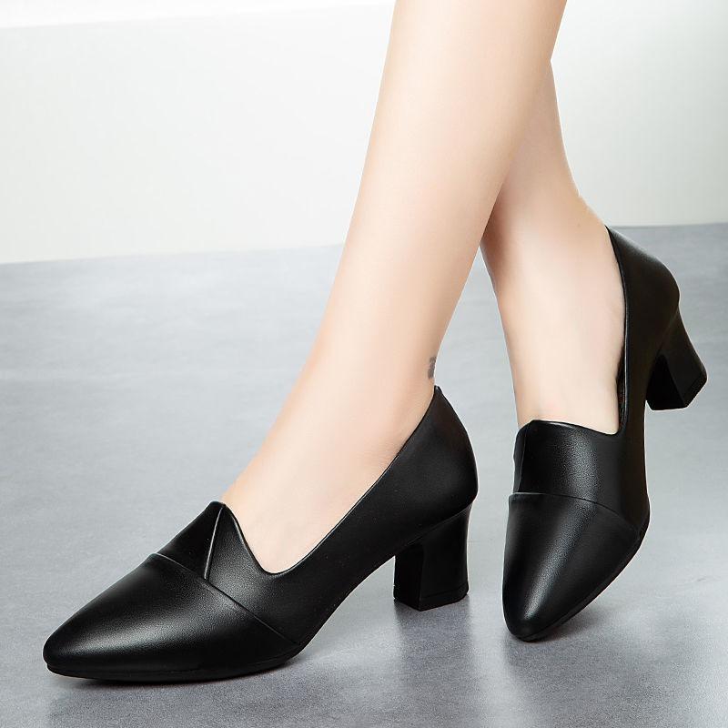 Женские туфли на высоком каблуке 5 см/7 см, удобные туфли на среднем каблуке, мягкая подошва, тонкая обувь, модные туфли-лодочки с острым носком, черные туфли на каблуке, женская кожаная рабочая обувь