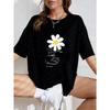 White Oversized T Shirt With Daisy Flower And Text Print For Casual Wear