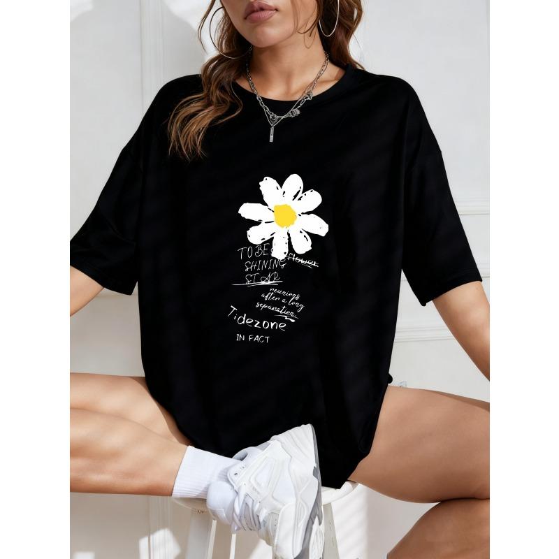 White Oversized T Shirt With Daisy Flower And Text Print For Casual Wear
