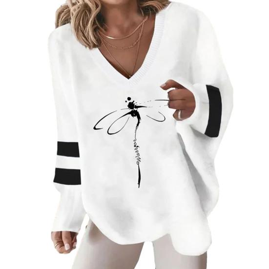 Осенний топ с V-образным вырезом, свободный пуловер в полоску с кошачьим сердцем и длинными рукавами, нерегулярный