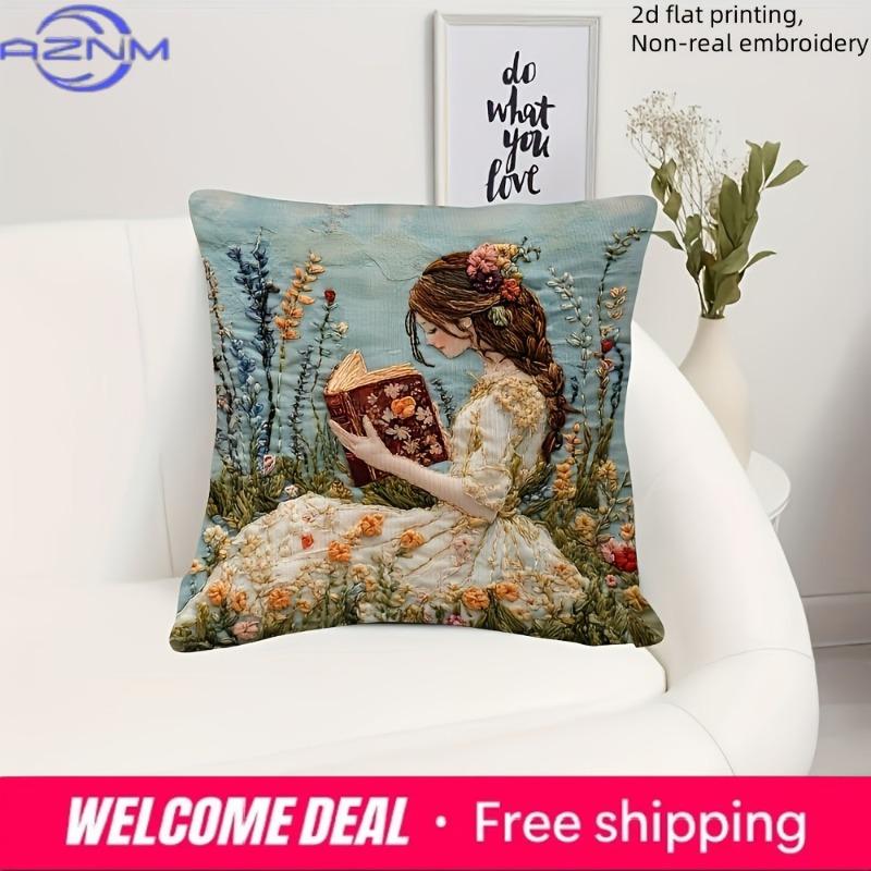 Enchanting D Printed Pillow Cover Girl Reading Book Amidst Floral Wonderland Sofa cushion cover home decoration D printing