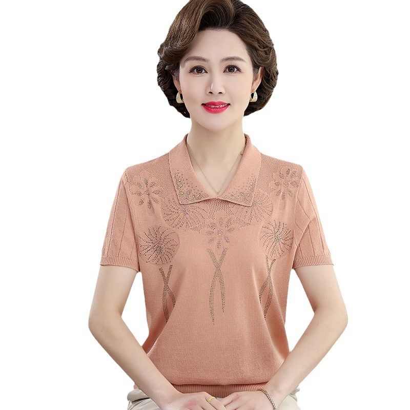 Mom's Summer Short Sleeved Stylish Ice Silk T-shirt Middle-aged and Elderly Lapel Top Slimming Knit T-shirt