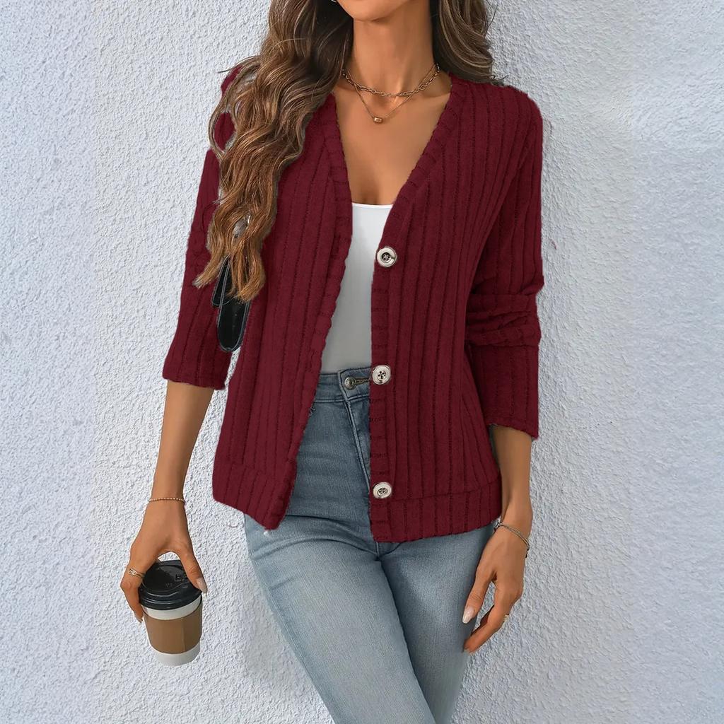 Women's Fashion Solid Color V-neck Long Sleeve Button Casual Cardigan Coat