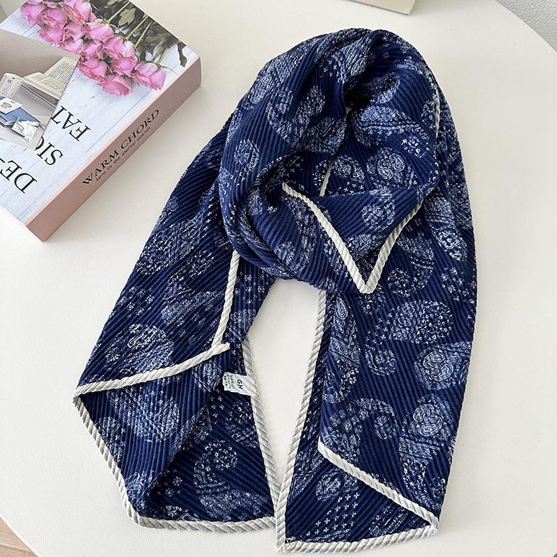 Women's Double-layer Cotton and Linen Floral Scarf Autumn and Winter Pleated Wrapped Shawl Scarf