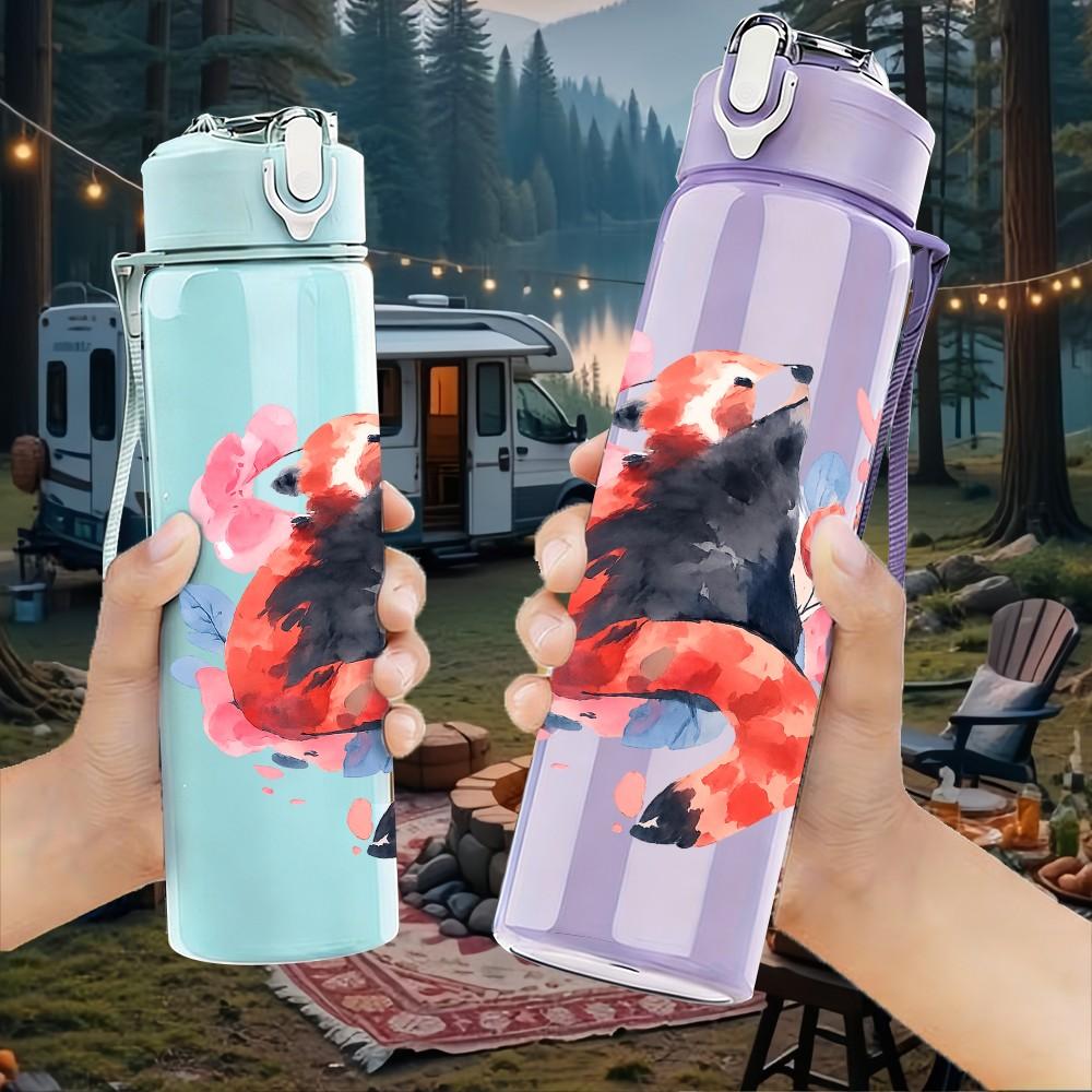 1PC Watercolor Fox Art 750ml Color Plastic Sports Water Bottle Leakproof Flip Straw Lid Suitable for Sports Office Home Use