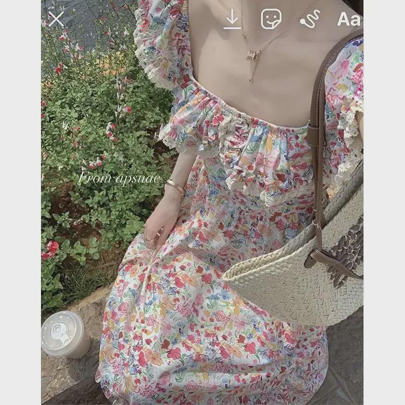 2024 Pure Desire Цветочное квадратное вырезное платье Slim Fit Длинное