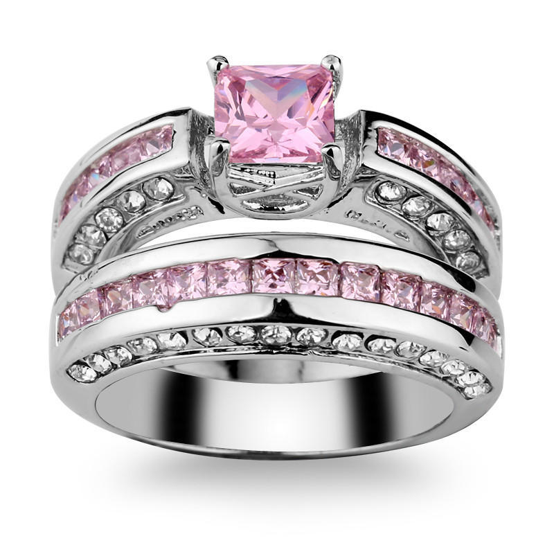 2 PCS Princess Cut Silver Color White Rhinestone & Crystal Wedding Rings Set Size 6-11 ARI