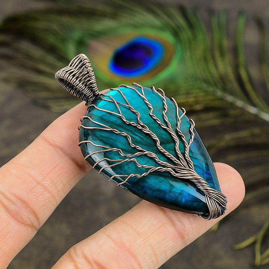 Синий лабрадорит ручной работы, обмотка медной проволокой, ювелирная подвеска 2,64" q2g08