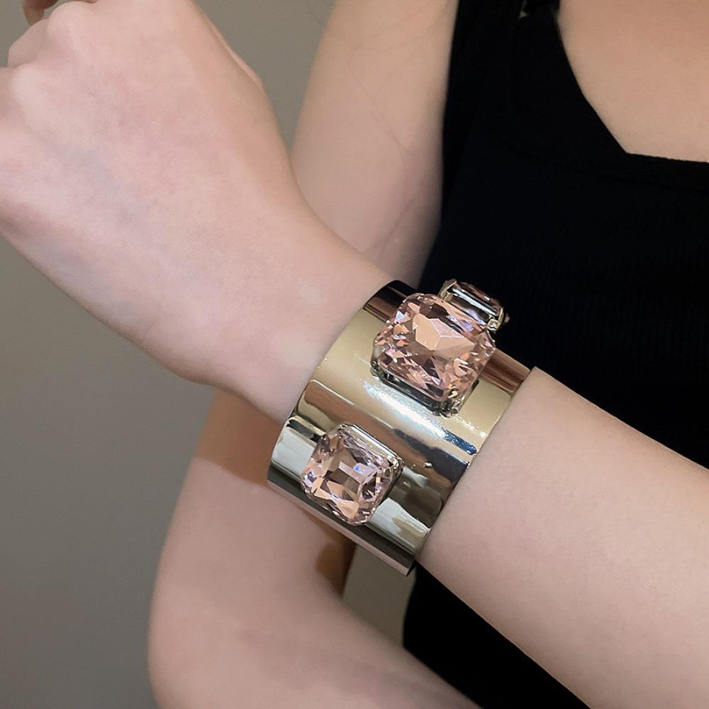 Rhinestone Wide Cuff Bracelet Glossy Metal Open Bangle New Statement Bracelet Daily Wear